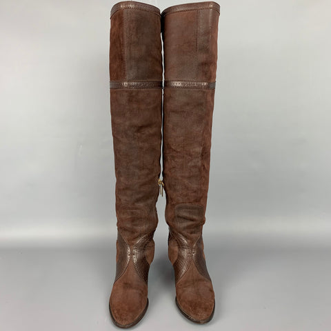 DIOR Size 6 Brown Suede Buckle Strap Knee High Pirate Boots