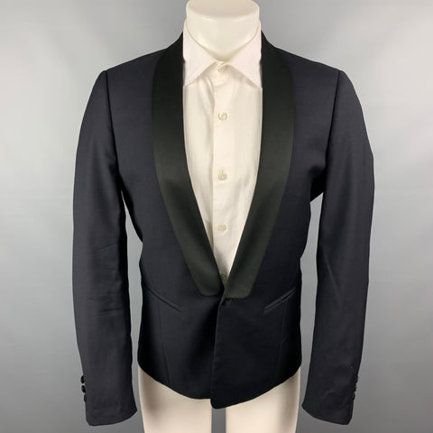 SANDRO Size 38 Navy & Black Wool Shawl Collar Sport Coat