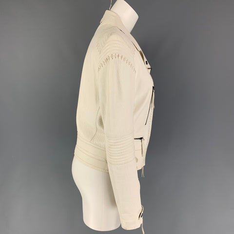 ROBERTO CAVALLI Chaqueta de moto con relieve de cuero blanco talla 10