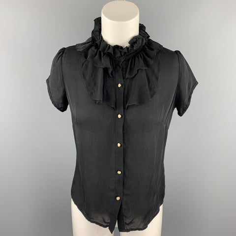 BARNEYS NEW YORK Size 2 Black Silk Ruffle Blouse