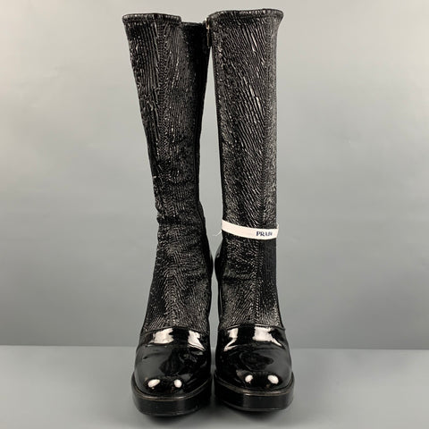 PRADA Size 7.5 Black Solid Patent Leather Side Zipper Boots