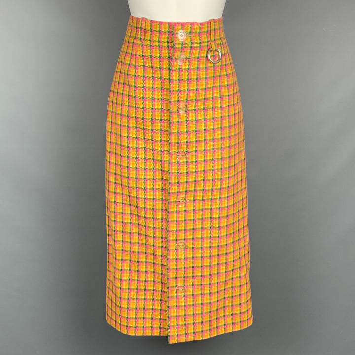 BALENCIAGA FW 2018 Size 4 Yellow & Pink Check Print Wool / Viscose High Waisted Midi Skirt