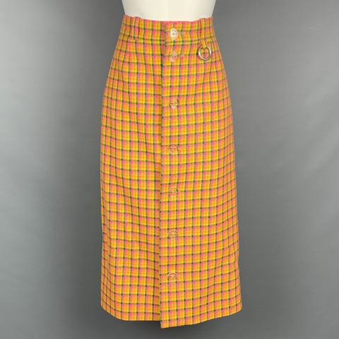 BALENCIAGA FW 2018 Size 4 Yellow & Pink Check Print Wool / Viscose High Waisted Midi Skirt