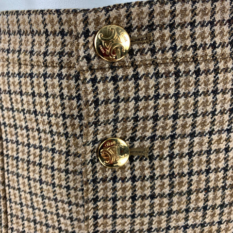 CELINE Size 2 Brown Wool Houndstooth Buttoned Mini Skirt
