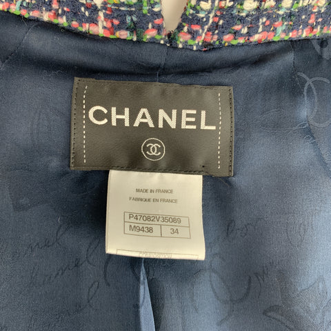 CHANEL FW 2013 Talla 2 Traje de falda de línea A con cuello alto de tweed multicolor azul marino