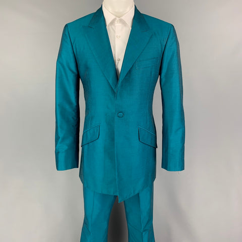 WILLIAM HUNT Savile Row Size 42 Teal Silk Peak Lapel Suit
