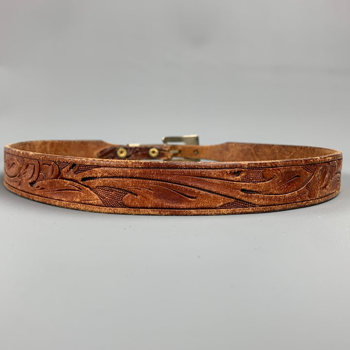 VINTAGE Size 30 Brown Carved Leather Skinny Belt