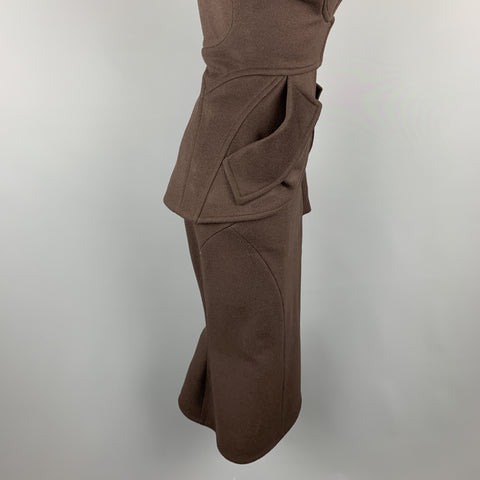ZAC POSEN Size 2 Brown Felt Collarless Fishtail Pencil Skirt Suit