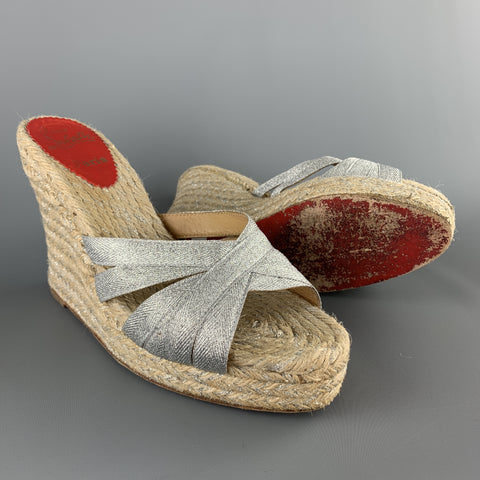 CHRISTIAN LOUBOUTIN Size 9 Metallic Silver Fabric Espadrille Wedge Mules