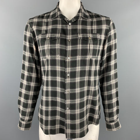 JOHN VARVATOS * U.S.A. Size M Gray & Black Plaid Cotton Long Sleeve Shirt