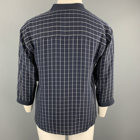 GIORGIO ARMANI Size 12 Navy Windowpane Cropped Sleeve Blouse
