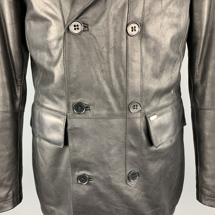 TED BAKER L Black Leather Double Breasted Peacoat