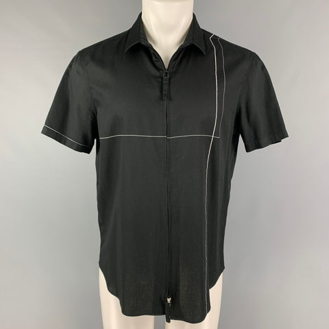 EMPORIO ARMANI Size L Black White Stripe Cotton Zip Up Short Sleeve Shirt