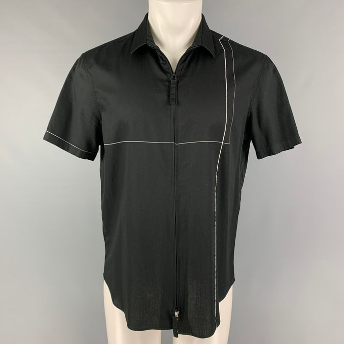 EMPORIO ARMANI Size L Black White Stripe Cotton Zip Up Short Sleeve Shirt