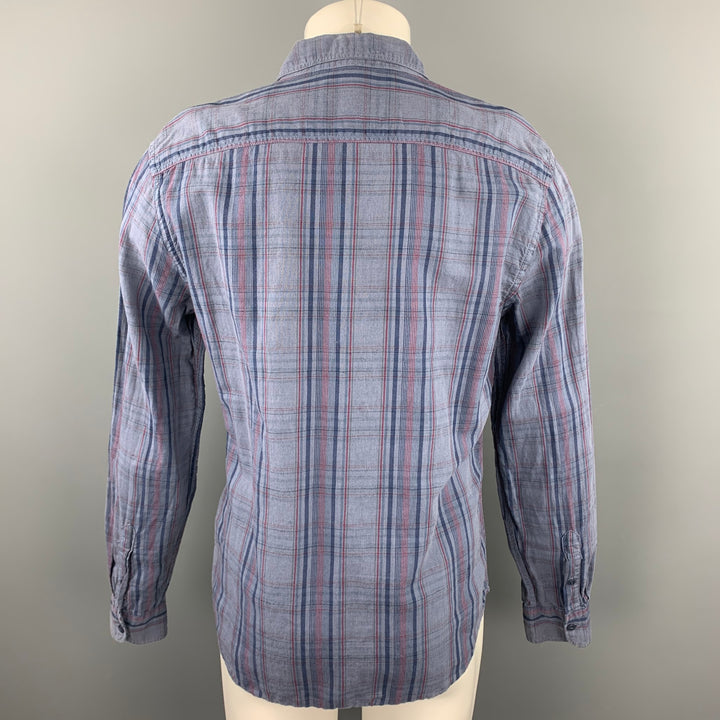 SAVE KHAKI Size M Blue Plaid Cotton / Linen Button Up Long Sleeve Shirt