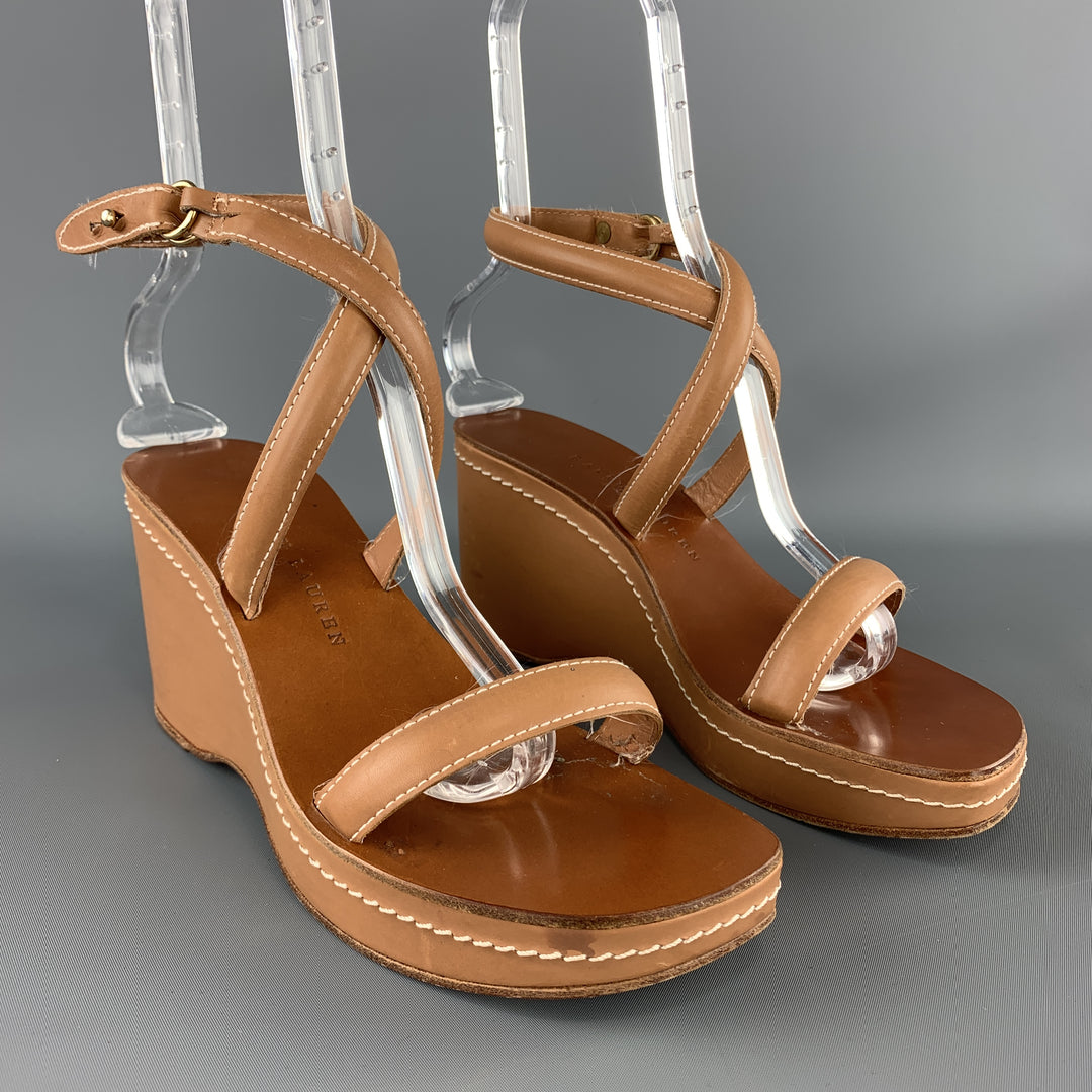 RALPH LAUREN Size 9.5 Tan Leather Contrast Stitch Platform Wedge Sandals
