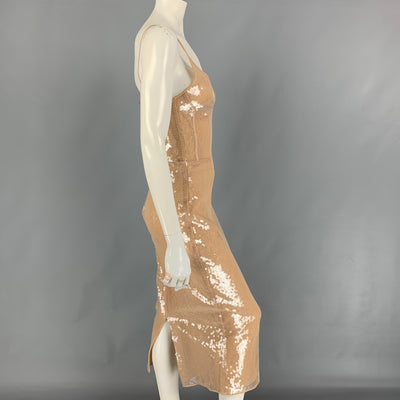 DAVID KOMA Size 4 Beige Sequined Silk Midi Cocktail Dress