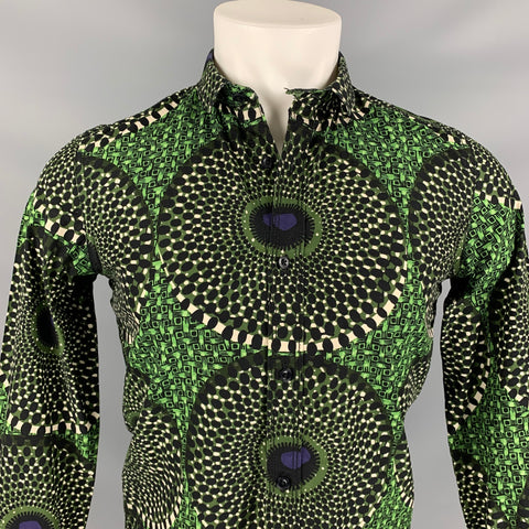 BURBERRY PRORSUM Spring 2012 Size S Green & Black Print Cotton Button Up Long Sleeve Shirt