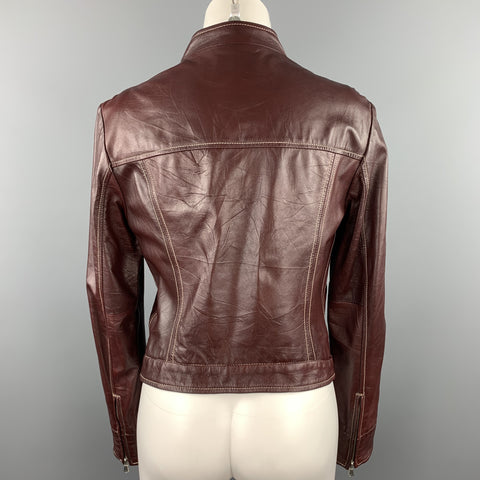 LOT78 Size 8 Burgundy Contrast Stitch Leather Zip Up Jacket
