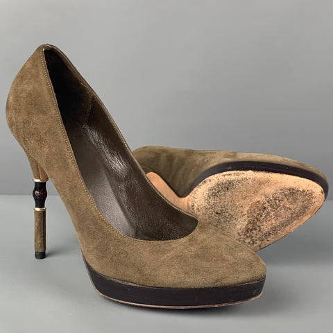 GUCCI Size 5.5 Olive Brown Suede Bamboo Heel Pumps