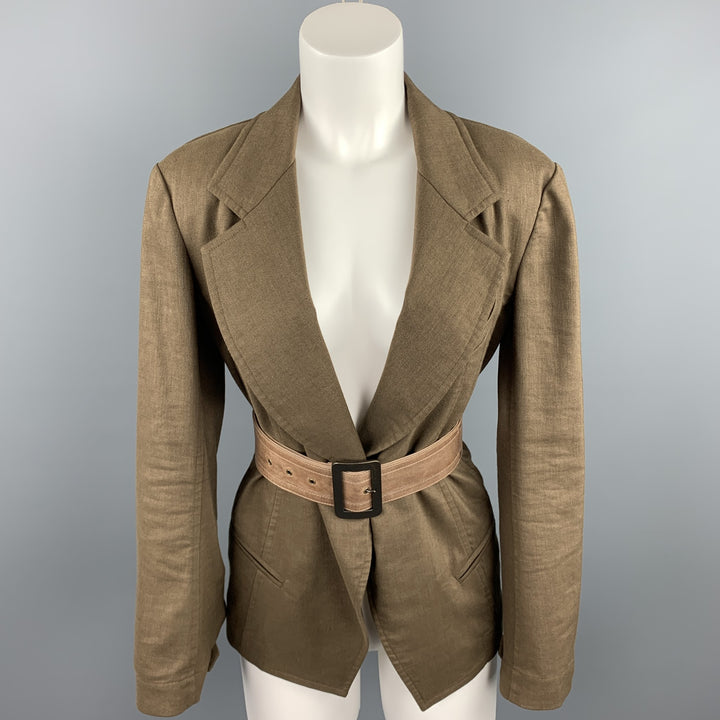 DONNA KARAN Size 4 Olive Twill Wool / Linen Belted Jacket Blazer