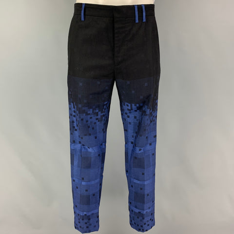VIVIENNE WESTWOOD MAN Size 42 Blue Black Square Print Wool Blend Raw Hem Double Breasted Suit