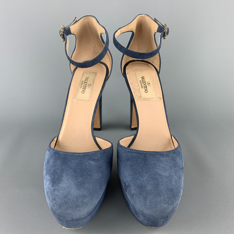 VALENTINO Size 8 Blue Suede PLatform Rockstud Anbkle Strap Pumps