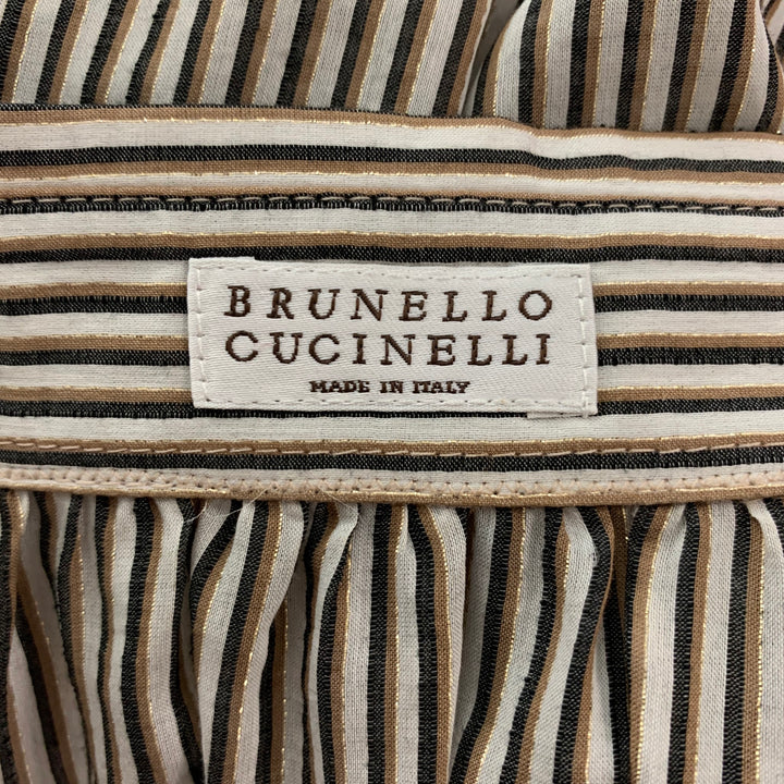 BRUNELLO CUCINELLI Size L White Brown  Black Cotton Blend Stripe Casual Top