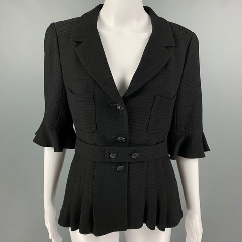 CHANEL Talla 8 Chaqueta de manga corta texturizada en mezcla de lana negra