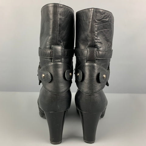 CHANEL Size 7.5 Black Leather Straps Boots