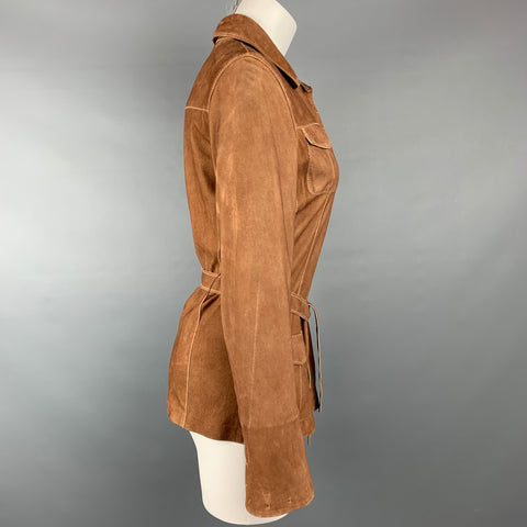 ELIE TAHARI Talla S Chaqueta con cinturón de ante con costuras en contraste color canela