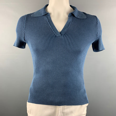 SALT MURPHY Size L Blue Ribbed Cotton V-Neck Pullover