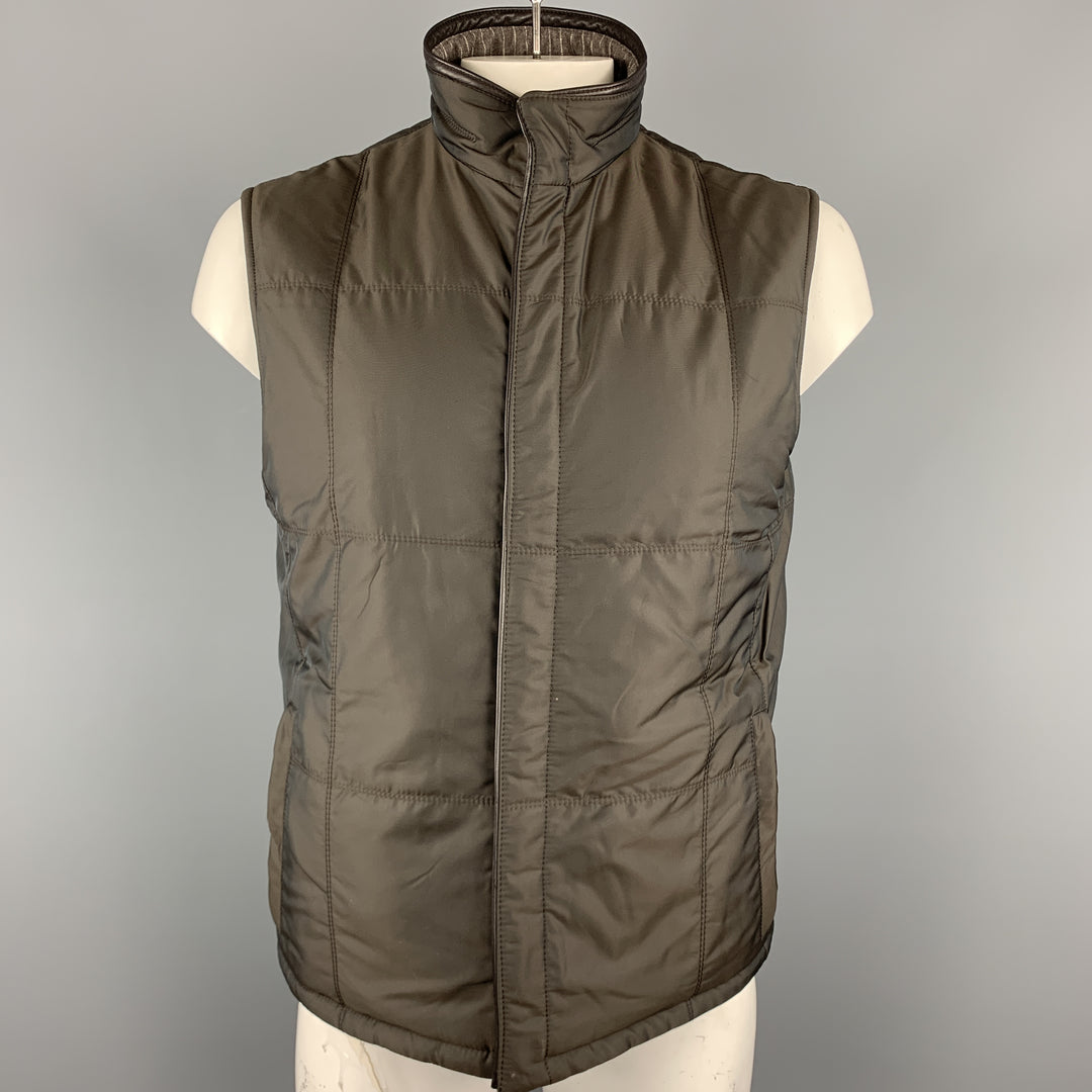 ERMENEGILDO ZEGNA L Taupe Pinstripe Leather Trimmed Reversible Vest