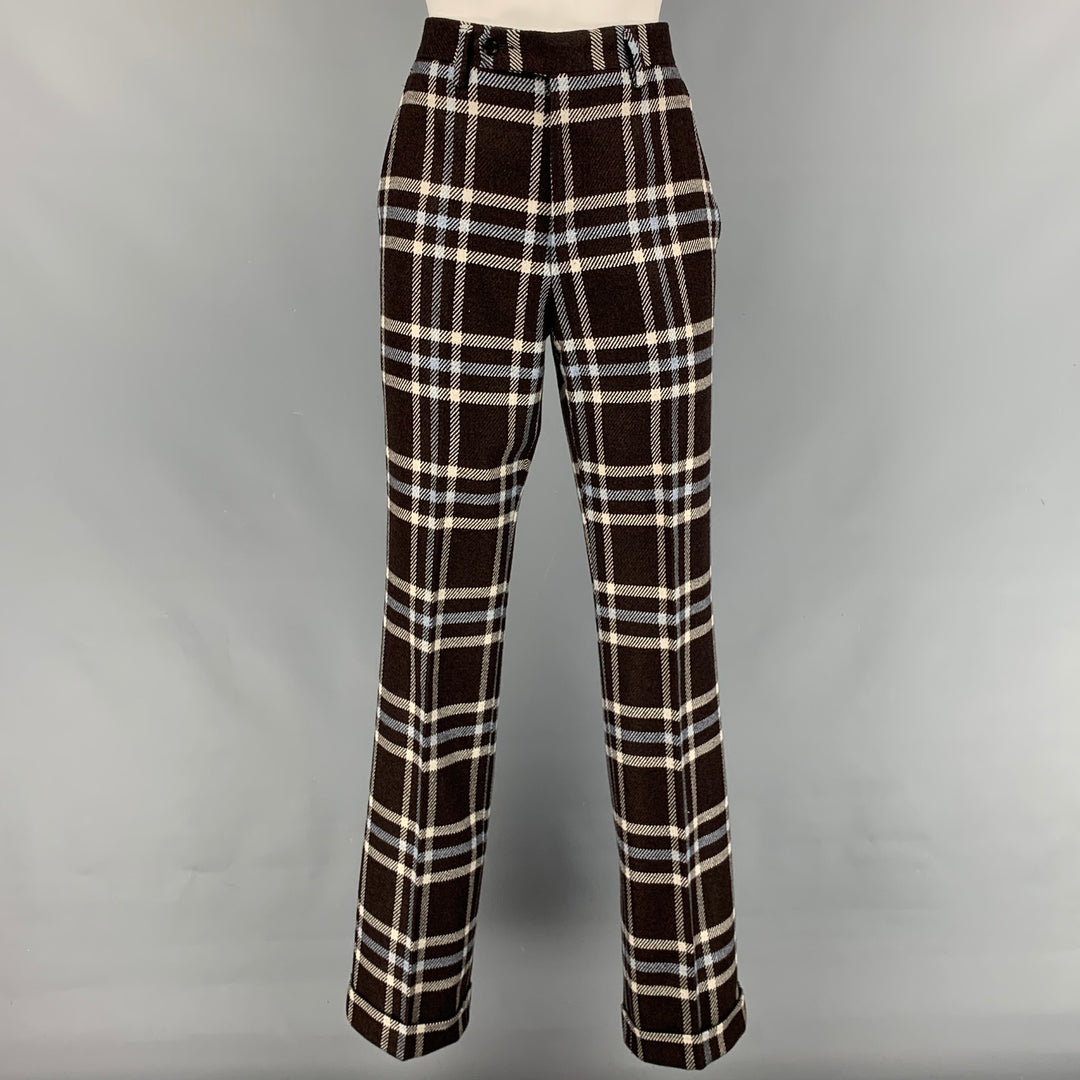 KITON Size 6 Brown & Blue Cashmere Plaid Double Breasted Pants Suit
