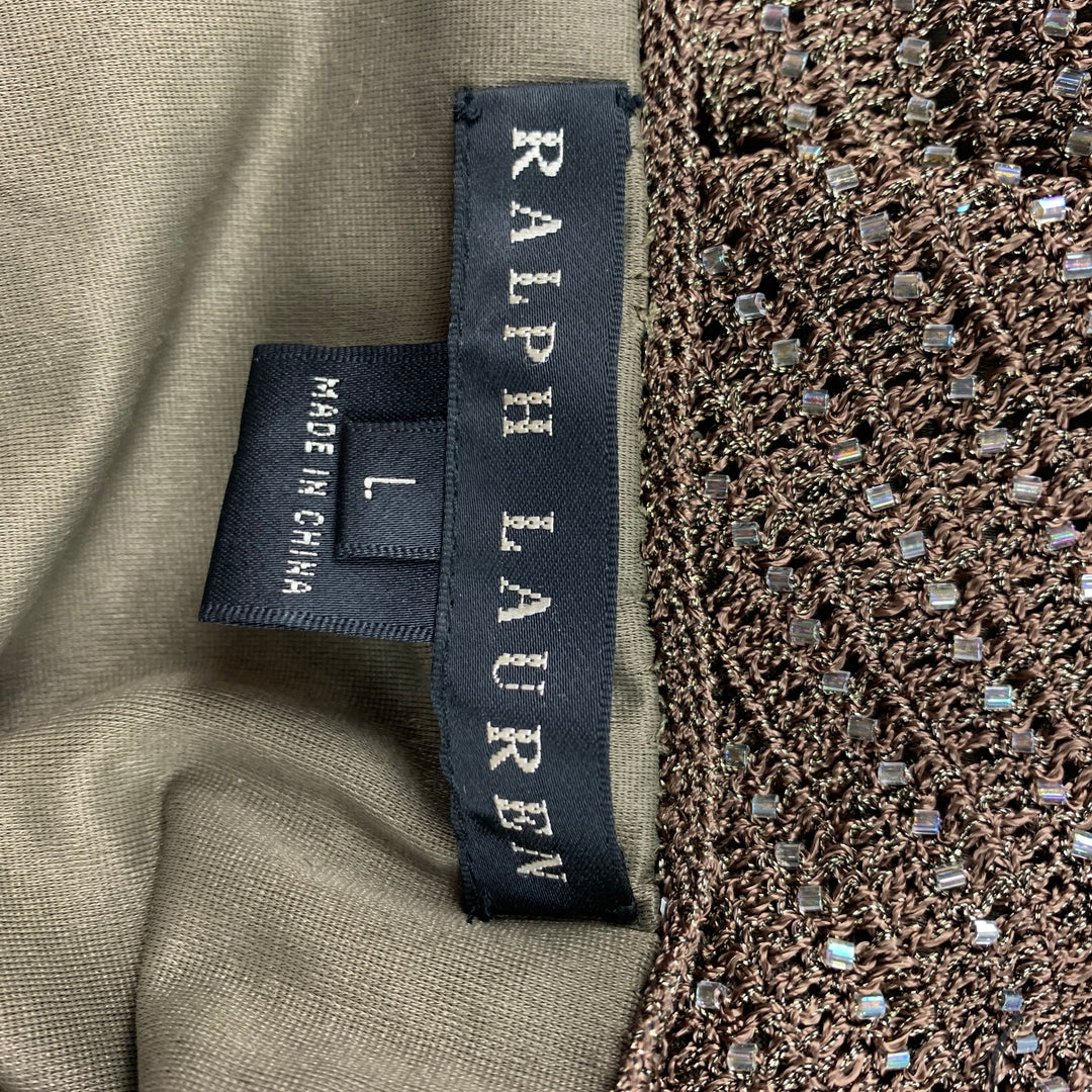 RALPH LAUREN Black Label Size L Gold Knitted Viscose Blend Peacock Feather Dress Top