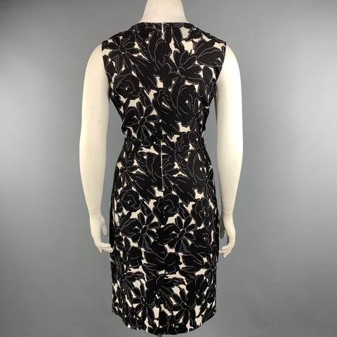 OSCAR DE LA RENTA 14 Black & White Floral Stretch Silk Sleeveless Shift Dress