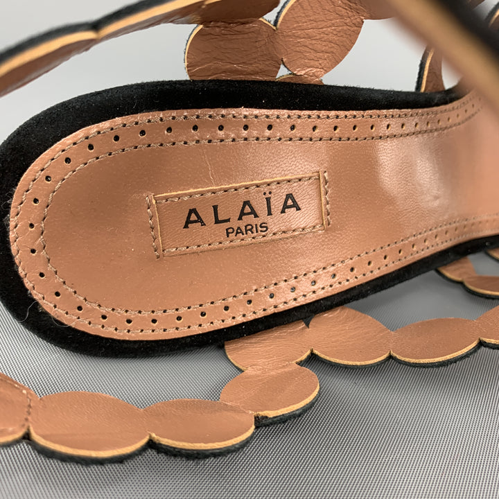 ALAIA Size 8 Black Suede Laser Cut Strappy Sandals