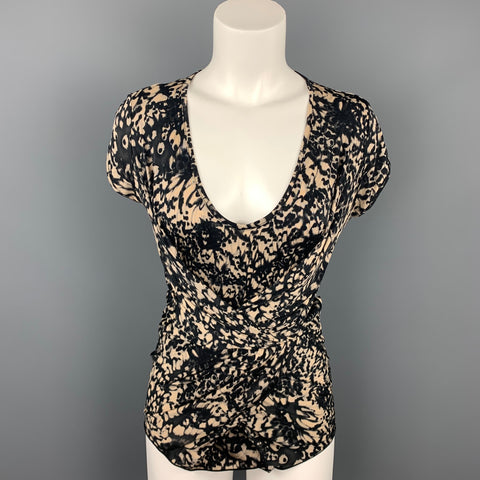 MAX MARA Taille S Blouse à col en V imprimé beige et noir