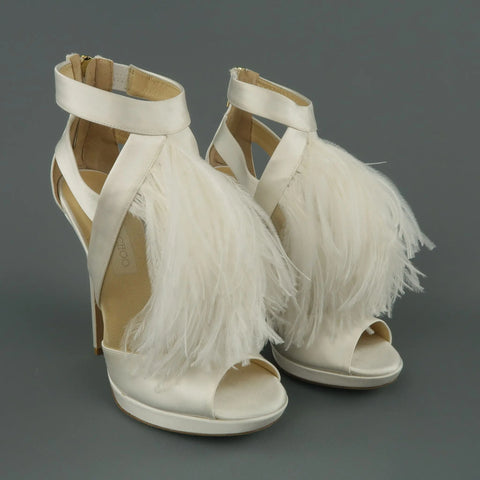 JIMMY CHOO US 8.5 / IT 38.5 White Silk / Leather Ostrich Feather Bridal Sandals JIMMY CHOO