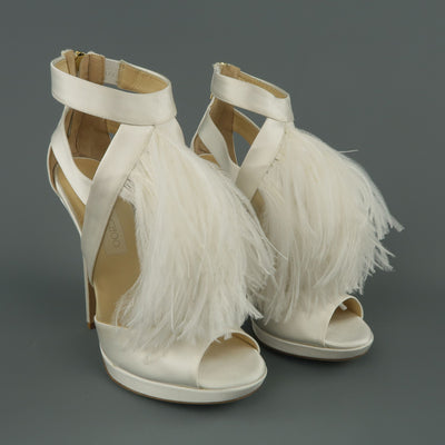 JIMMY CHOO US 8.5 / IT 38.5 White Silk / Leather Ostrich Feather Bridal Sandals