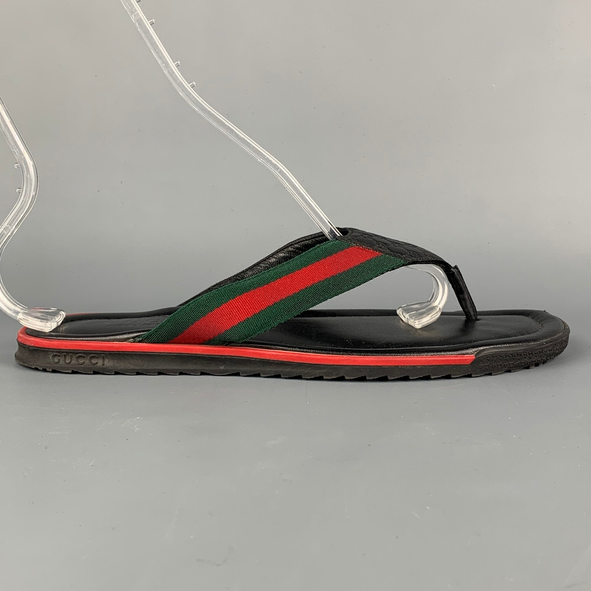 Gucci Web and Leather Thong Sandal Black Leather