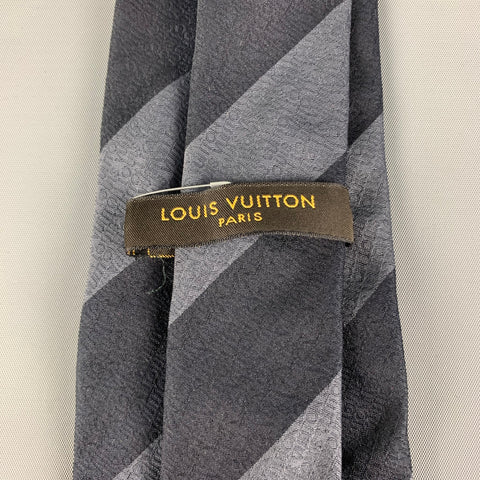LOUIS VUITTON Grey Black Diagonal Stripe Silk Tie