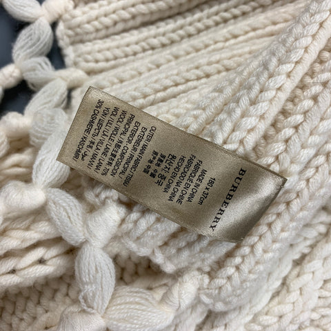 BURBERRY Cream Cable Knit Wool Cashmere Tassel Fringe Scarf