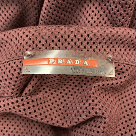 PRADA Size L Burgundy See-Through Polyester Lace Up Short Sleeve Shirt