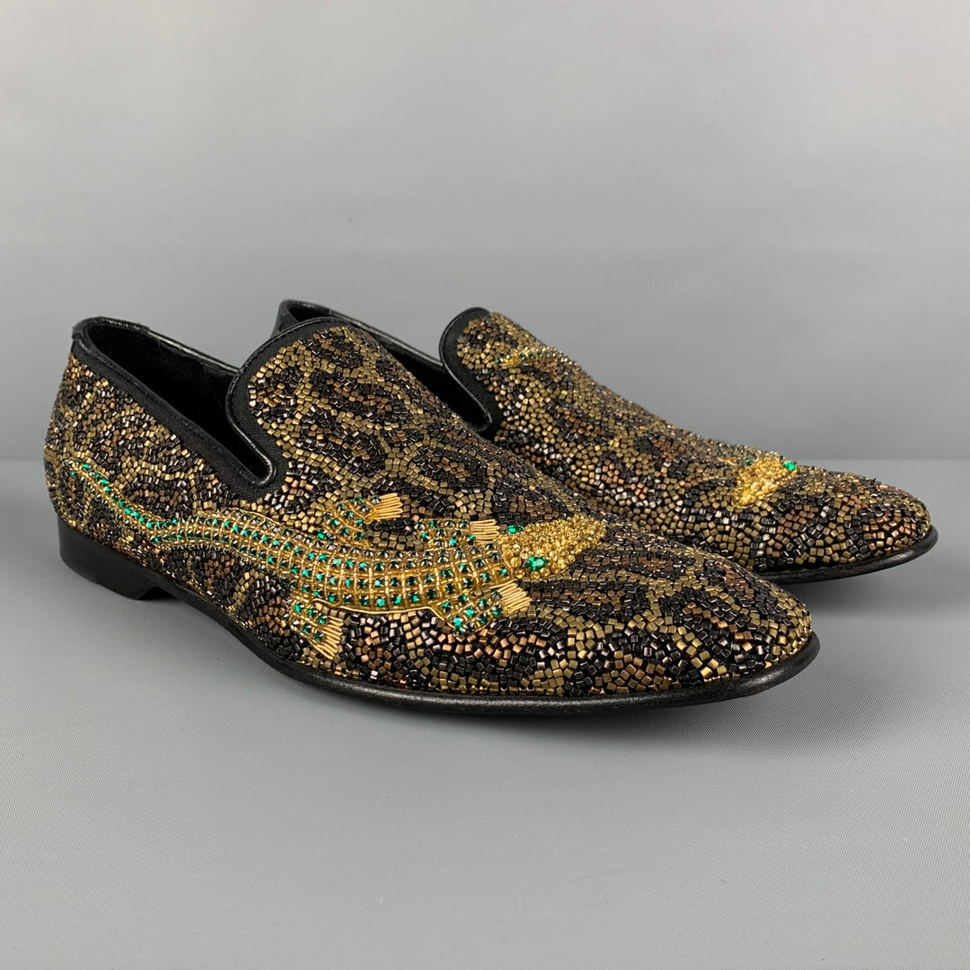 DONALD J PLINER SIGNATURE Size 9.5 Black Gold Green Beaded Leather Slip On Loafers