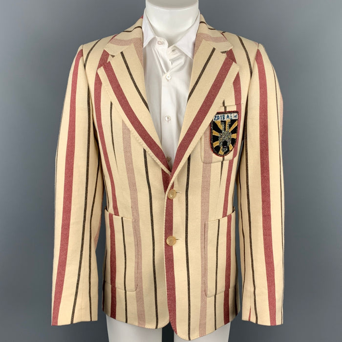 AESTHETICTERRORISTS by WALTER VAN BEIRENDONCK Size 40 Cream & Burgundy Vertical Stripe Wool Upside-Down Blazer Sport Coat