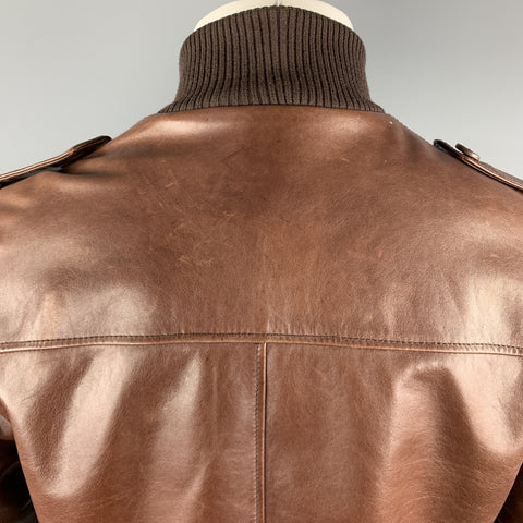 PRADA Chest Size 40 Brown Leather High Collar Epaullettes Zip & Buttons Patch Pockets Jacket