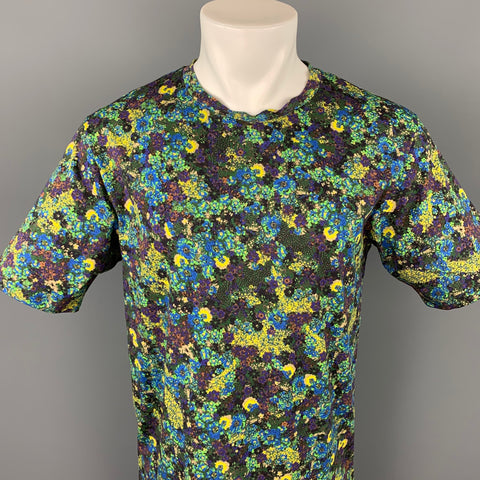 DRIES VAN NOTEN S/S 20 Size L Green & Blue Floral Cotton Crew-Neck T-shirt