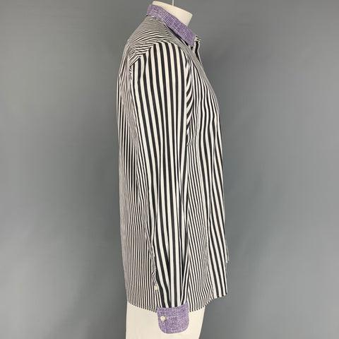BOTTEGA VENETA Size 42 White Black Purple Stripe Cotton Long Sleeve Shirt