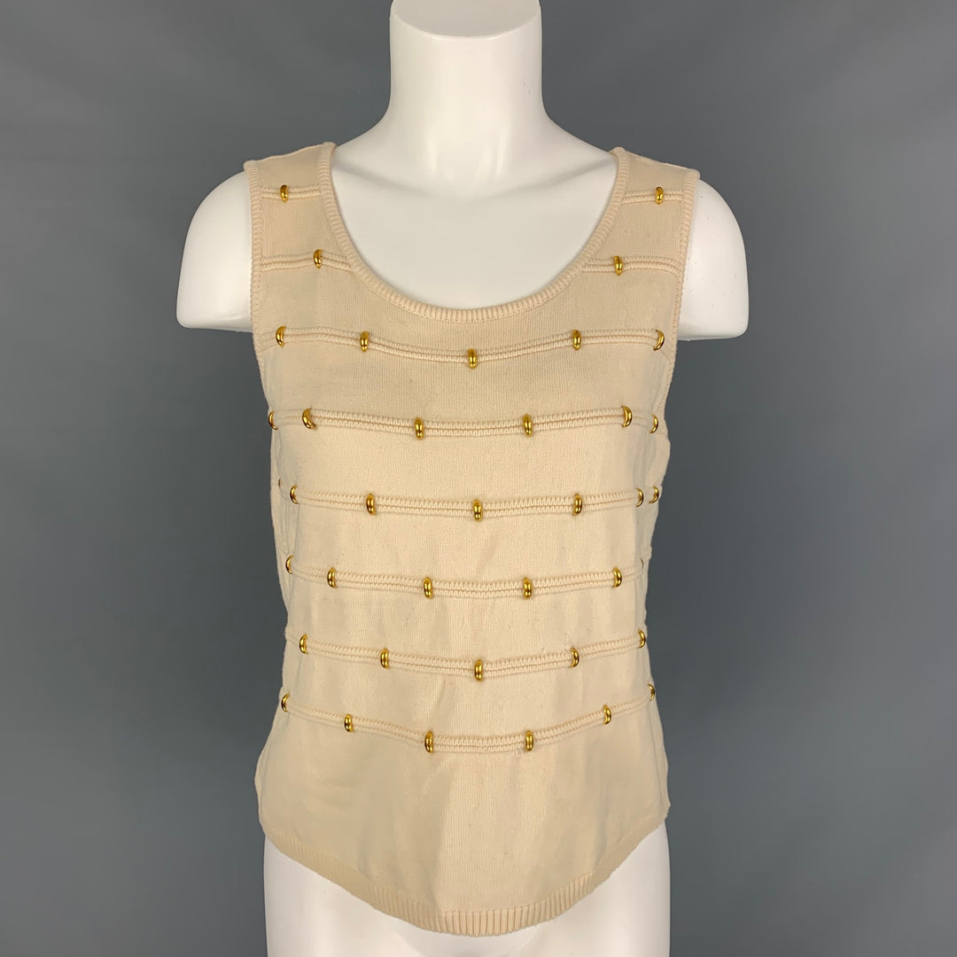 ESCADA Size 8 Cream Gold Wool Studded Sleeveless Dress Top